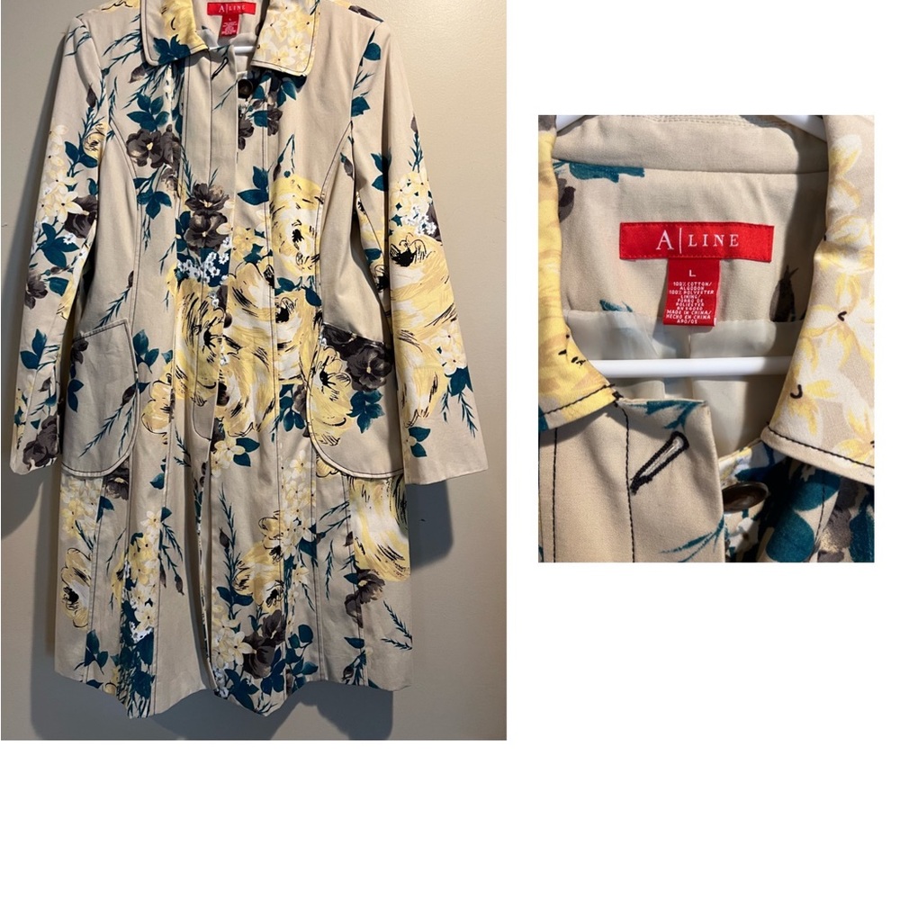 A Line beige with flowers trench coat. Size L